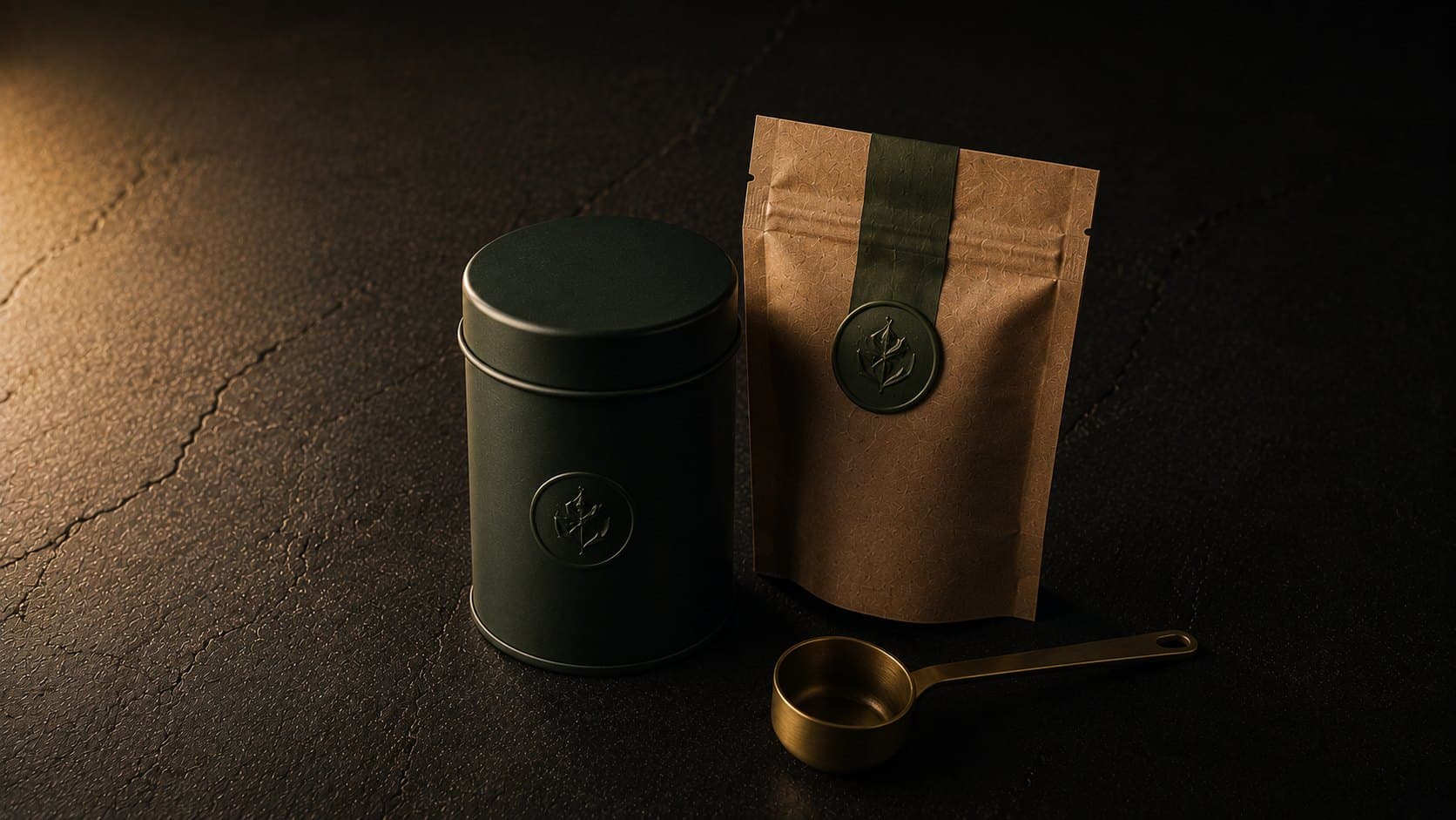 A tin and a pouch on black basalt