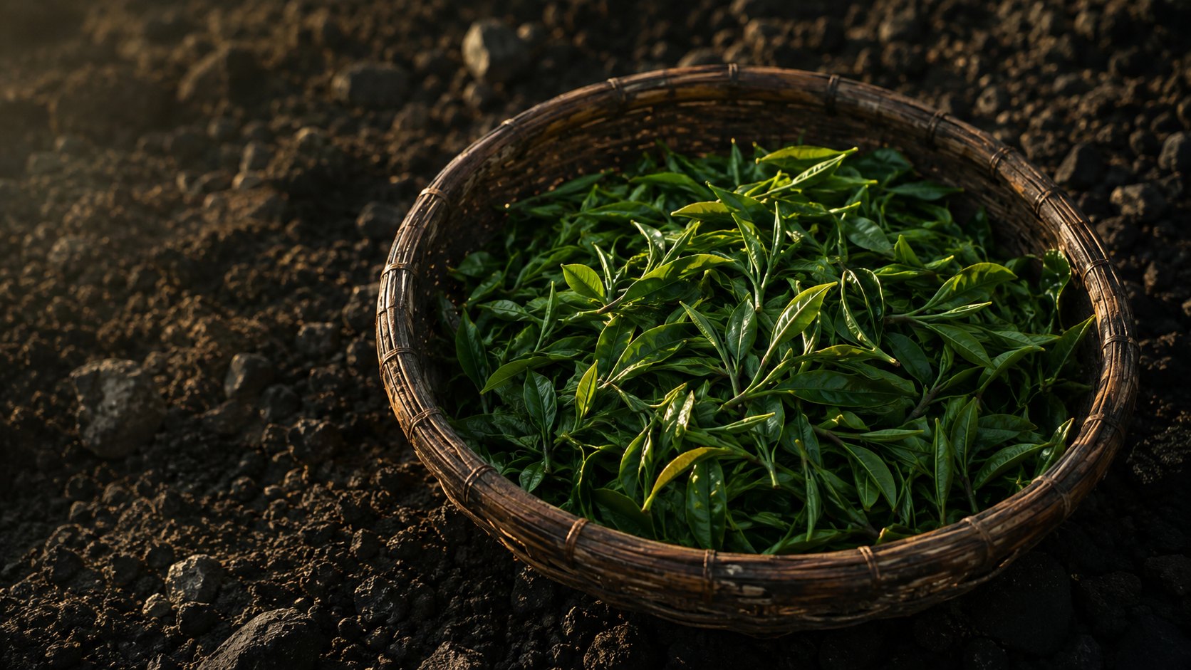 A worn woven basket of freshly picked young tea leaves on volcanic soil