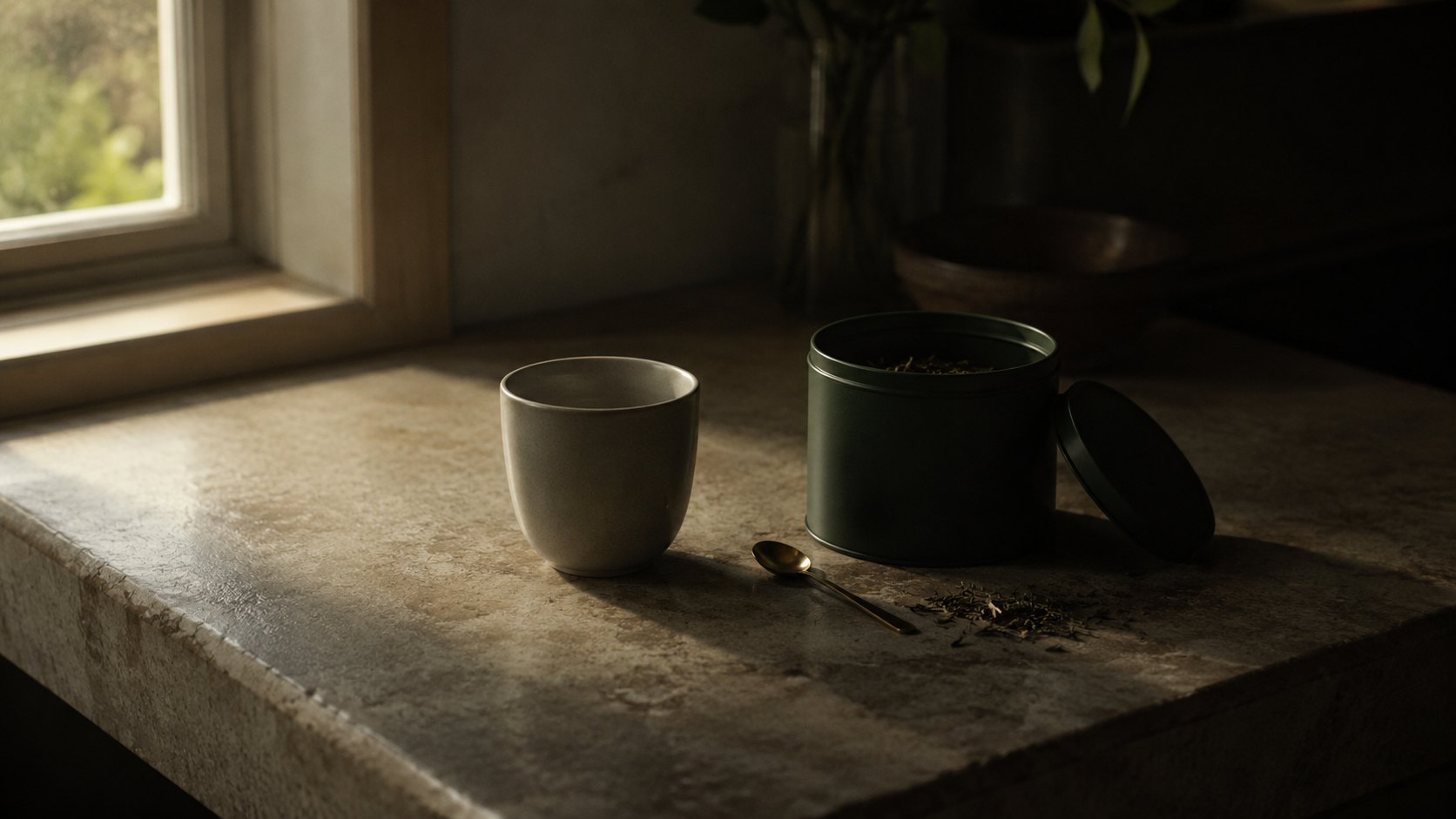 A quiet kitchen corner: a plain ceramic cup beside an open tin