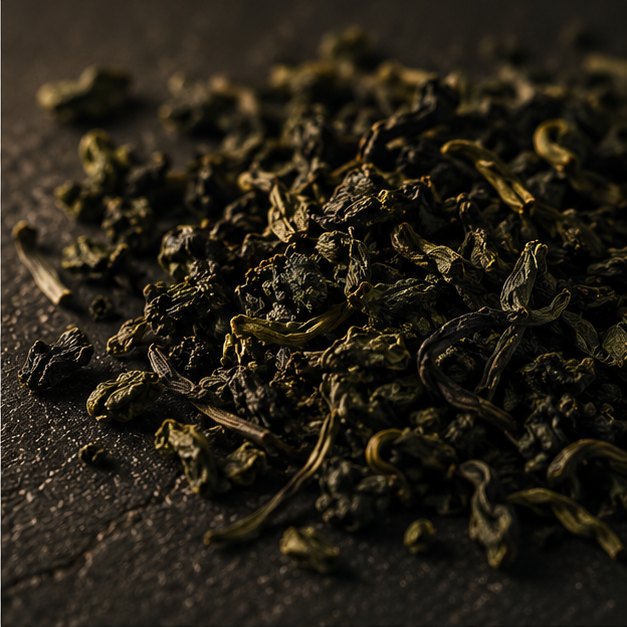 Pan-dried green, curled into irregular pellets, matte olive.
