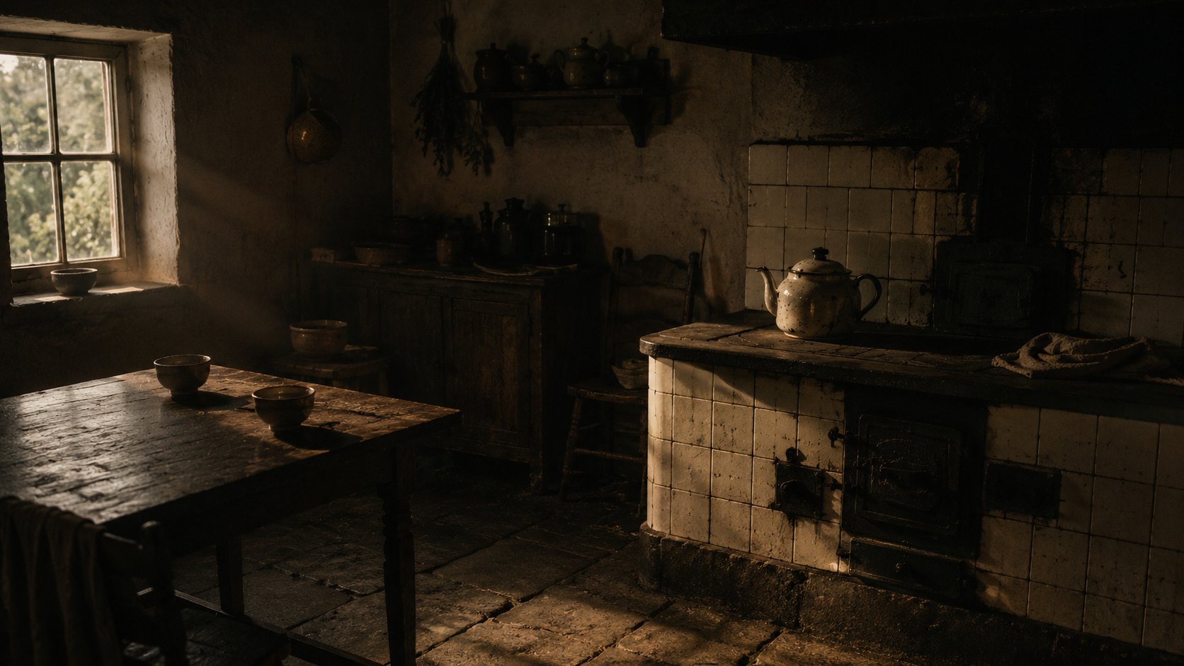 An old rustic Azorean kitchen, an enamel teapot on a tiled stove