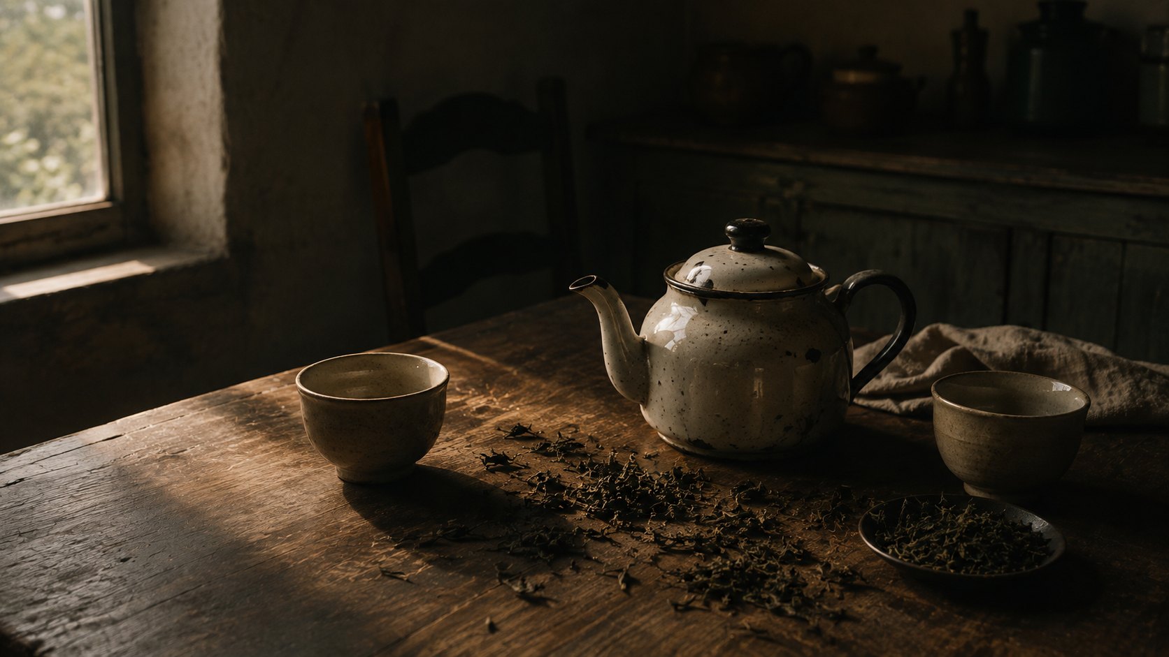 An old Azorean kitchen table, an enamel teapot and two plain cups
